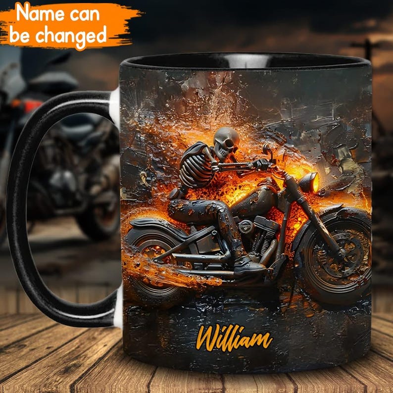 Skeleton Riding Flaming Motorcycle Mug