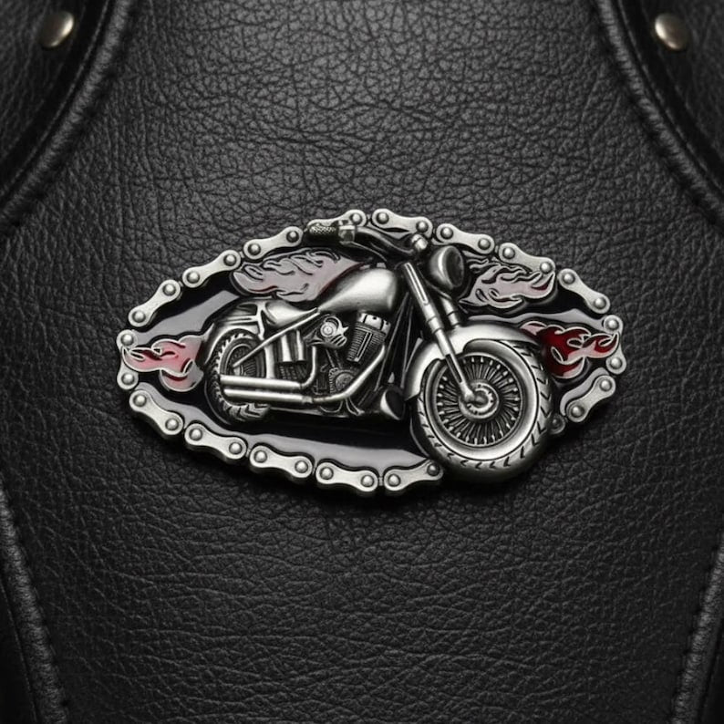 Motorcycle Belt Buckle with 3D Bike and Red Flame Details