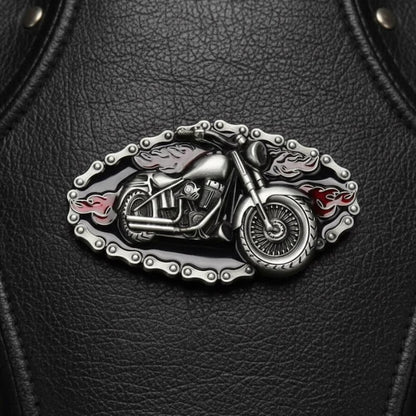 Motorcycle Belt Buckle with 3D Bike and Red Flame Details