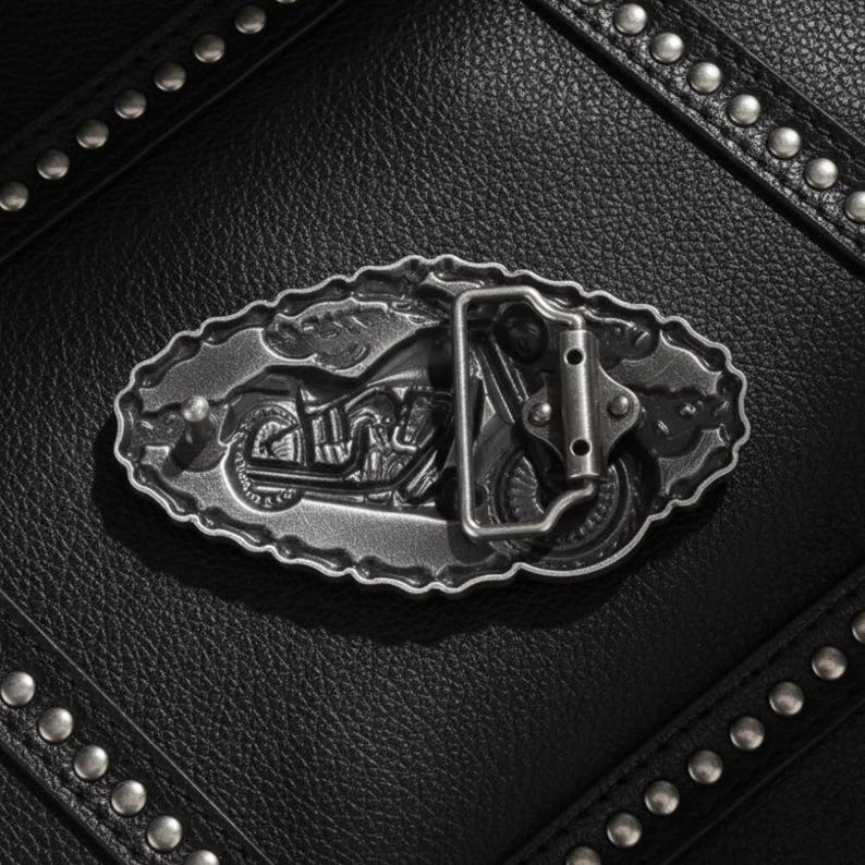 Motorcycle Belt Buckle with 3D Bike and Red Flame Details