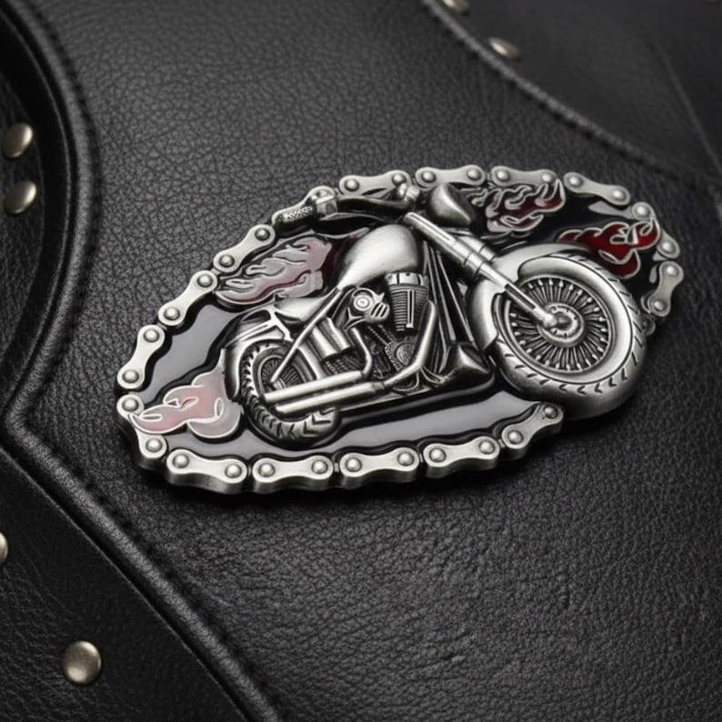Motorcycle Belt Buckle with 3D Bike and Red Flame Details