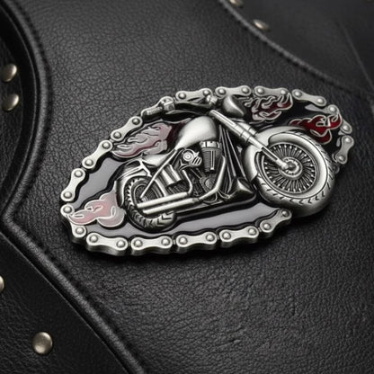 Motorcycle Belt Buckle with 3D Bike and Red Flame Details