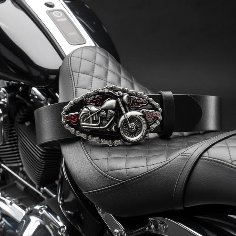 Motorcycle Belt Buckle with 3D Bike and Red Flame Details