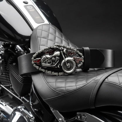 Motorcycle Belt Buckle with 3D Bike and Red Flame Details