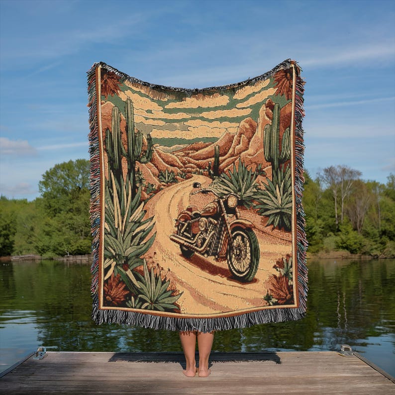 Vintage Southwest Desert Motorcycle Lover Woven Throw Blanket VA03