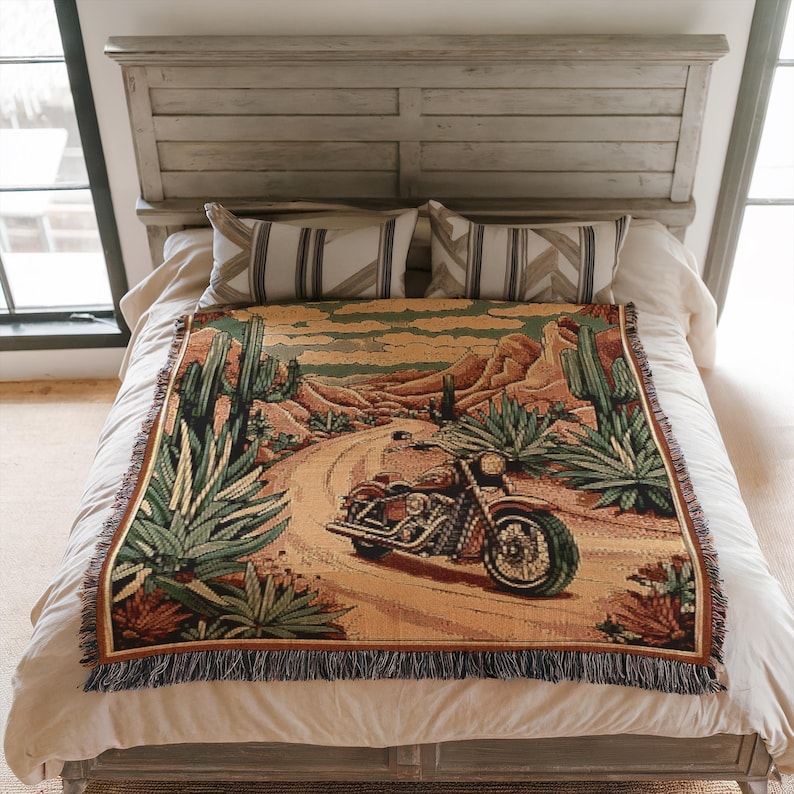 Vintage Southwest Desert Motorcycle Lover Woven Throw Blanket VA03