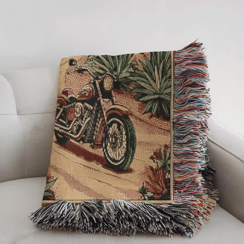 Vintage Southwest Desert Motorcycle Lover Woven Throw Blanket VA03