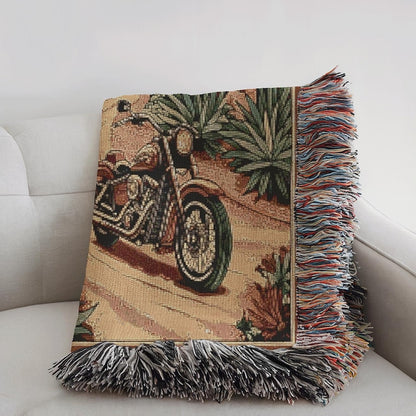 Vintage Southwest Desert Motorcycle Lover Woven Throw Blanket VA03